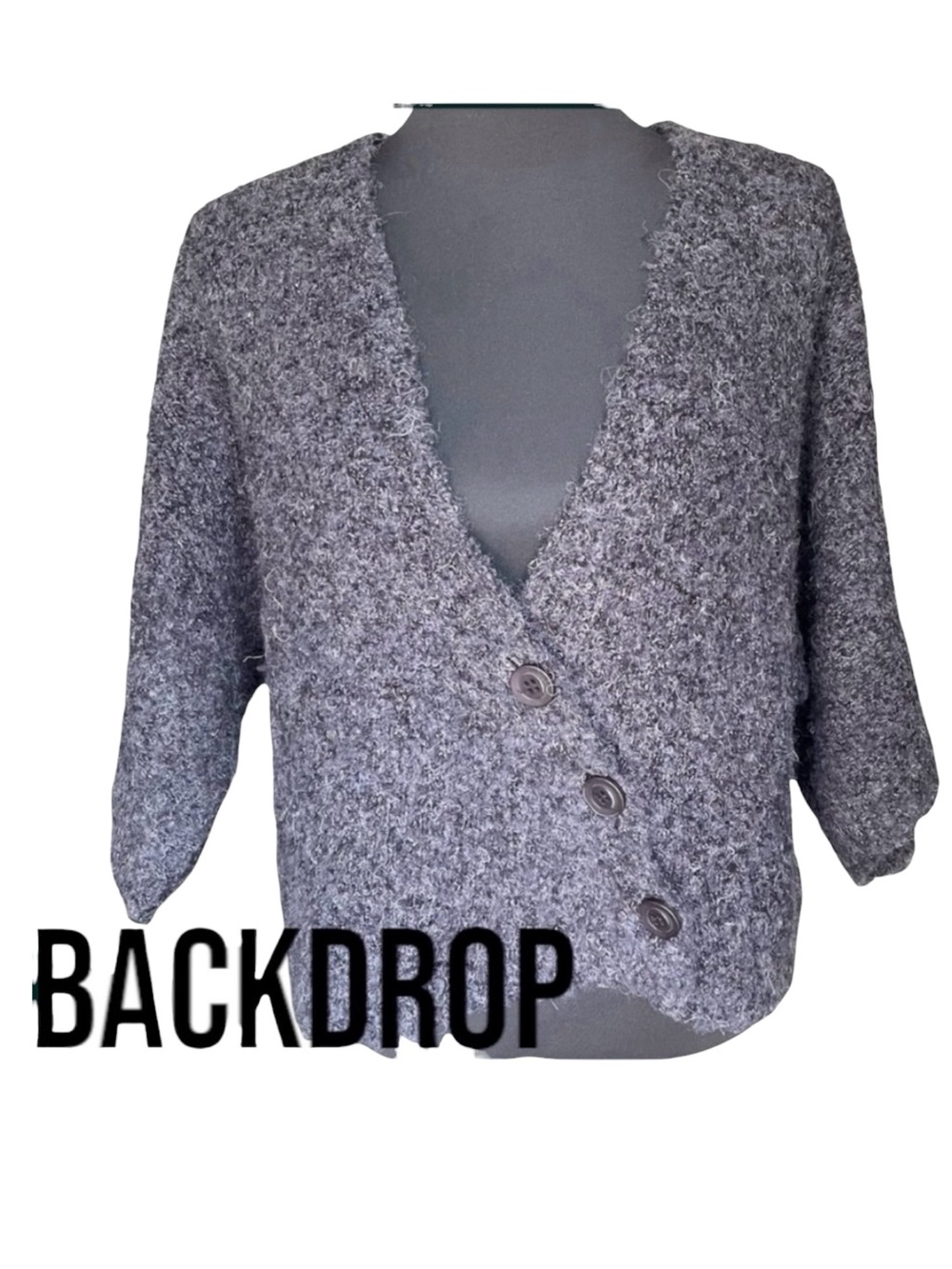 Backdrop Grey 3/4 Sleeve Deep V 3-Button Alpaca Wool Sweater (S/M)